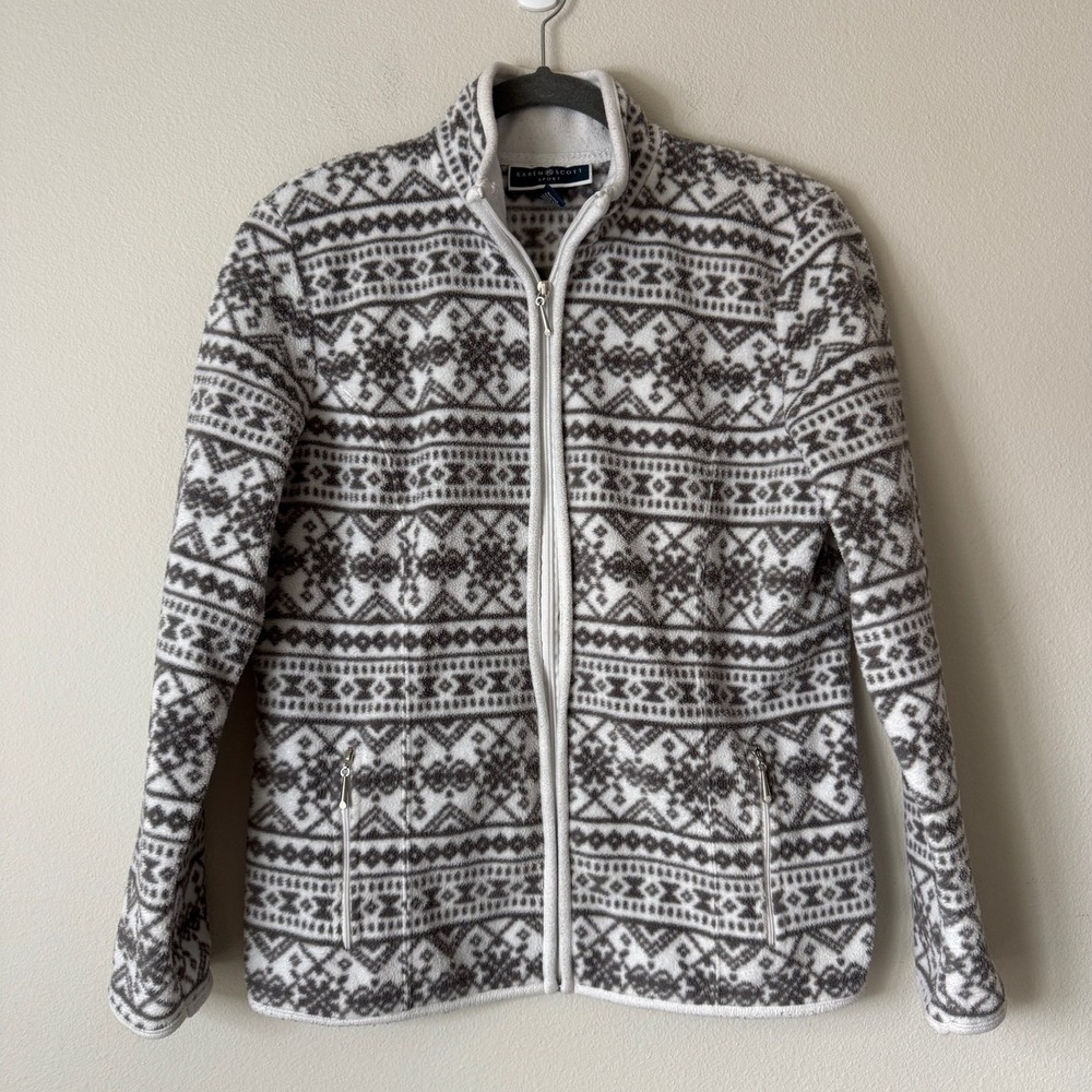 Karen Scott Sport Womens Small Gray White Fair Isle‎ Fleece Full Zip Jacket Mock